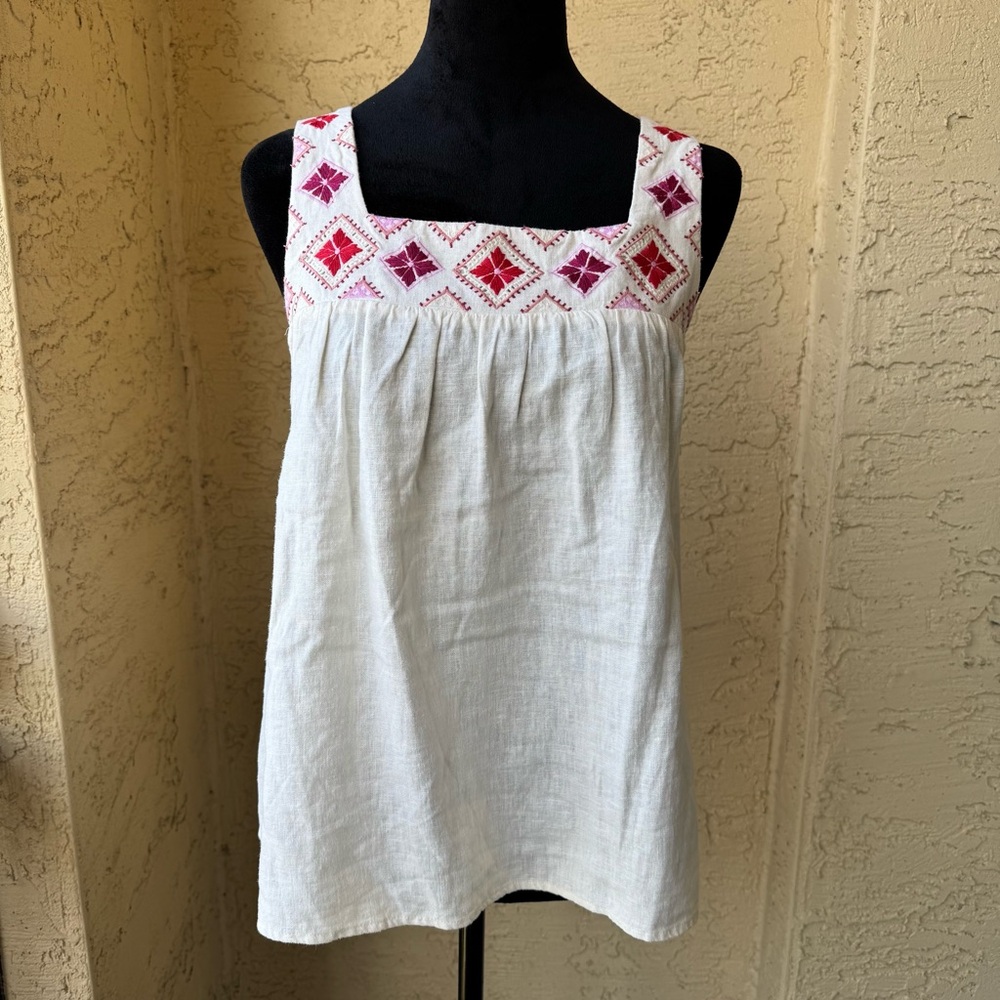 Madewell Embroidered Island Tank M Ivory Pink Square Neck Sleeveless New